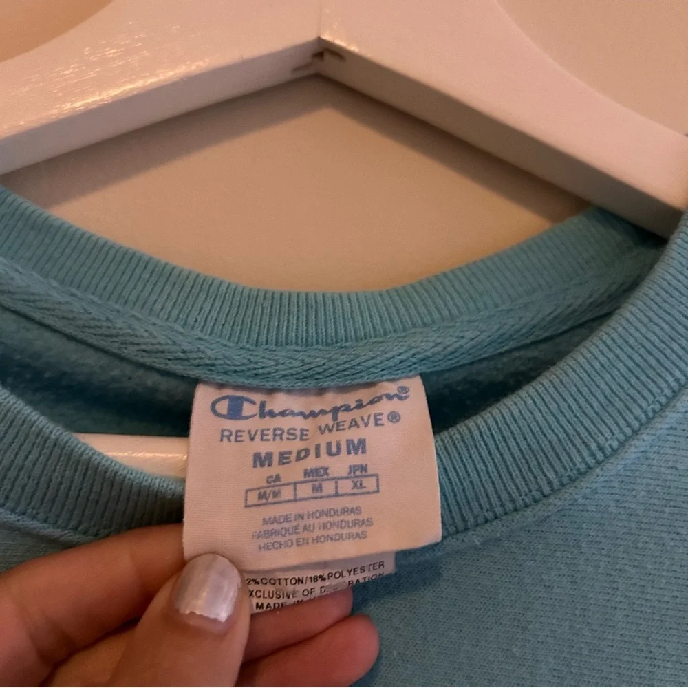 Champion Aqua Blue Sweatshirt Logo Crew Neck Pink Cozy Casual Soft Sporty Medium - Picture 7 of 10